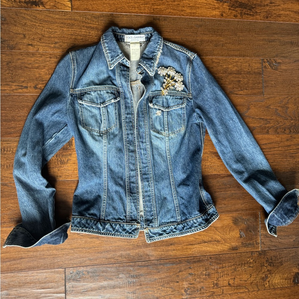 Dolce & Gabbana Blue Jean Jacket with removable crystal floral brooch